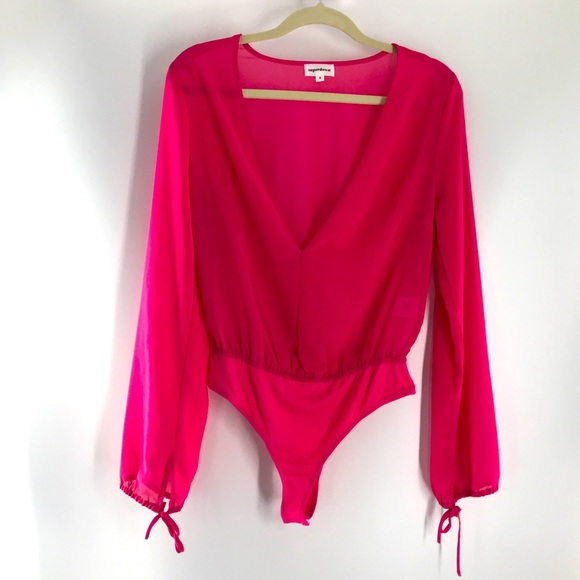 Superdown Celene Sheer Hot Pink Deep V-Neck Bodysuit Wrist Ties Dopamine Look - Picture 2 of 15